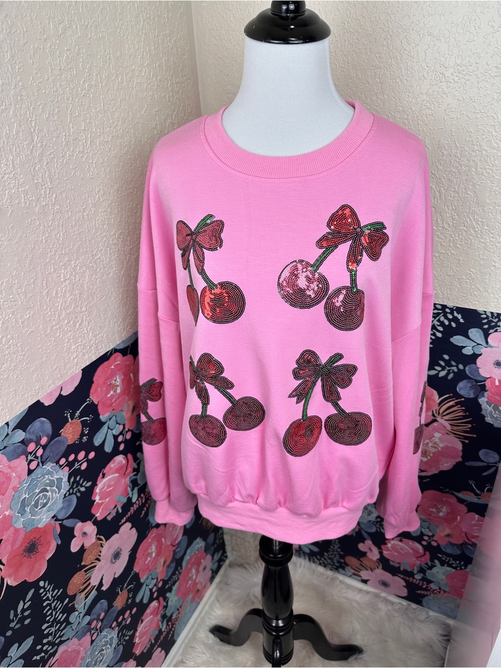 Simply Southern Pink Red Sequin Cherry Embellished Sweatshirt Medium
